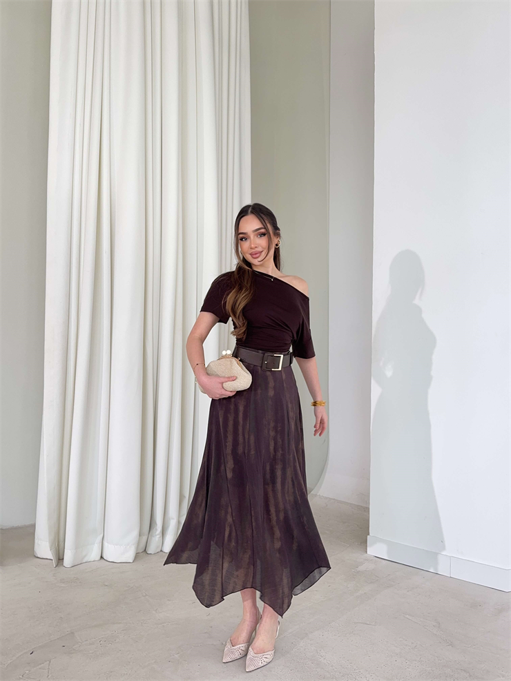 Kemerli Asimetrik Detay Kahve Larek Kadın Etek 26Y104