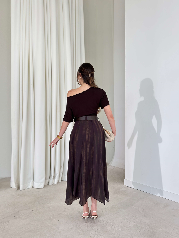 Kemerli Asimetrik Detay Kahve Larek Kadın Etek 26Y104