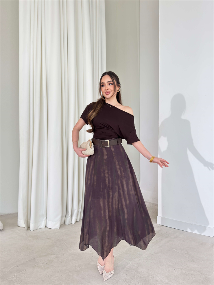 Kemerli Asimetrik Detay Kahve Larek Kadın Etek 26Y104