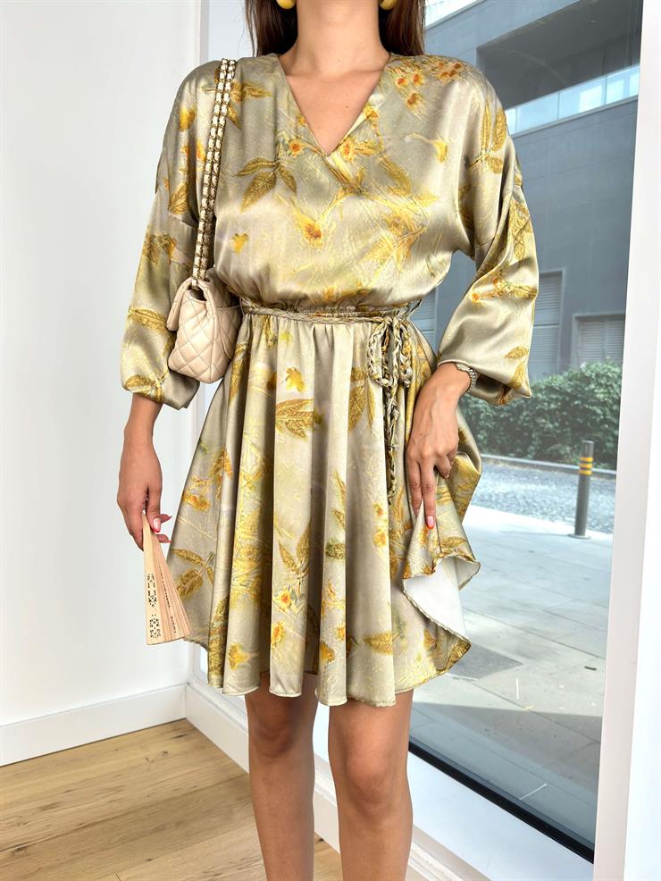 Kruvaze Yaka Uzun Kol Belden Bağlamalı Larisa Kadın Haki Mini Saten Elbise 25K028