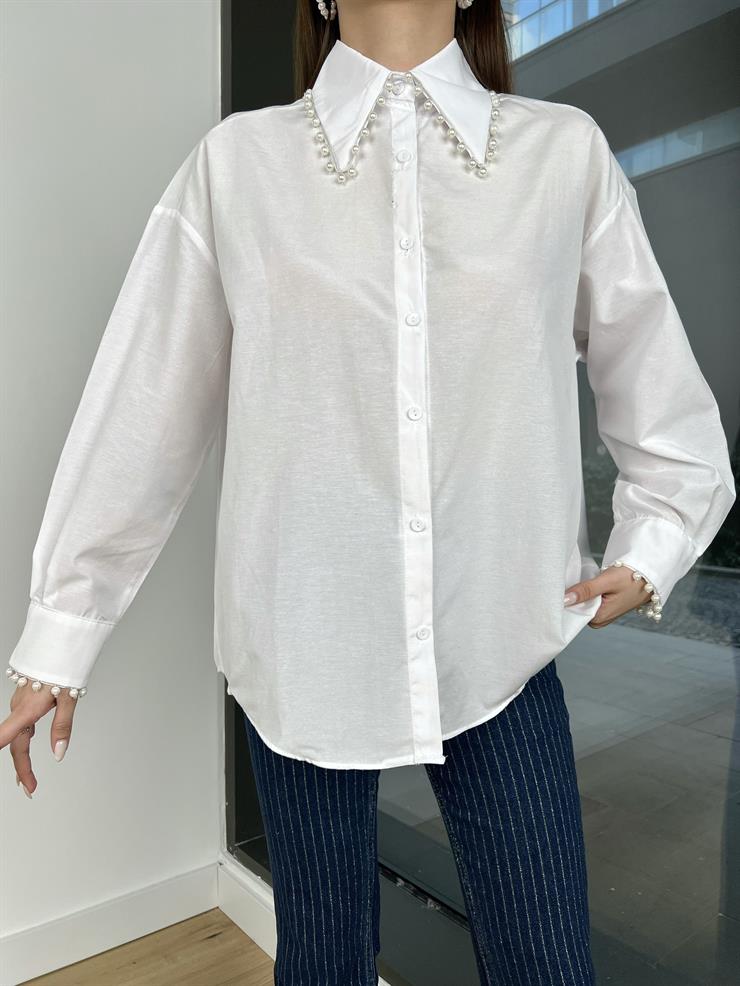 Yakası Ve Kolu Boncuk Detaylı Lariy Kadın Beyaz Gömlek 24Y022