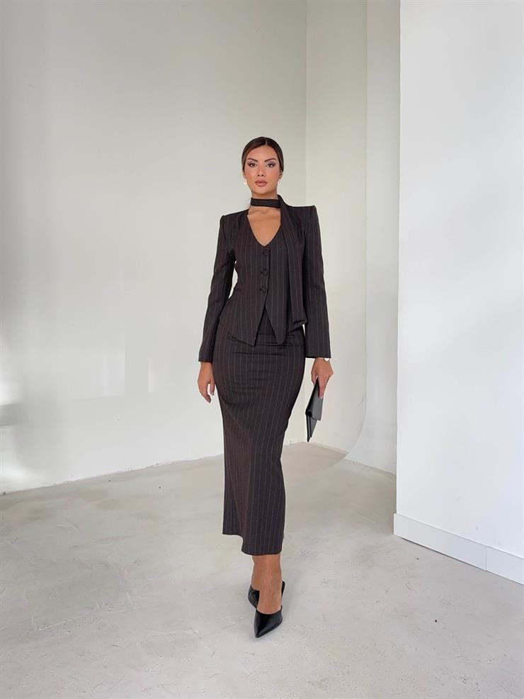 Yırtmaçlı Belden Oturtmalı Larle Kahve Kadın Etek 26K032