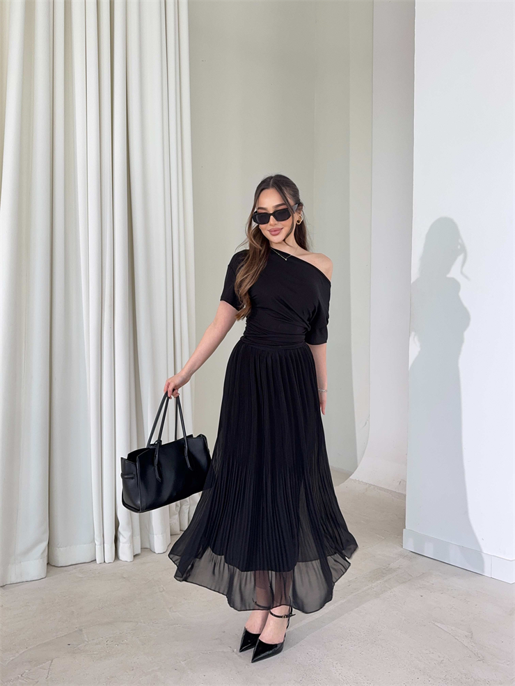 Beli Lastikli Şifon Pileli Larn Siyah Kadın Etek 26Y087