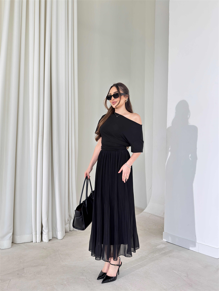 Beli Lastikli Şifon Pileli Larn Siyah Kadın Etek 26Y087