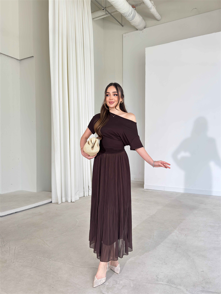 Beli Lastikli Şifon Pileli Larn Kahve Kadın Etek 26Y087