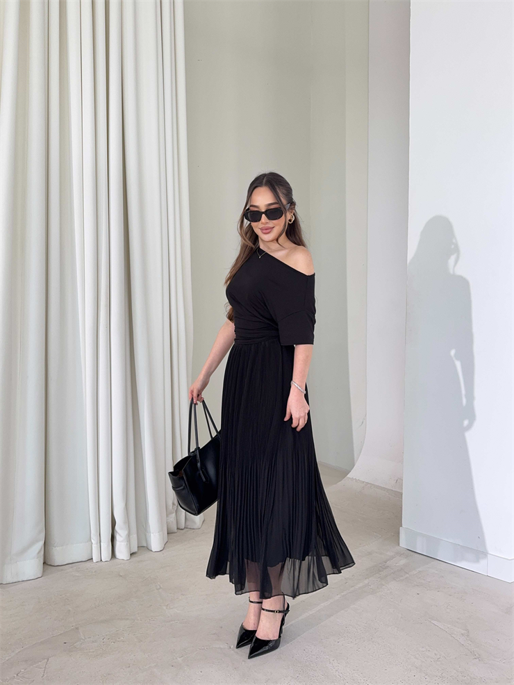 Beli Lastikli Şifon Pileli Larn Siyah Kadın Etek 26Y087