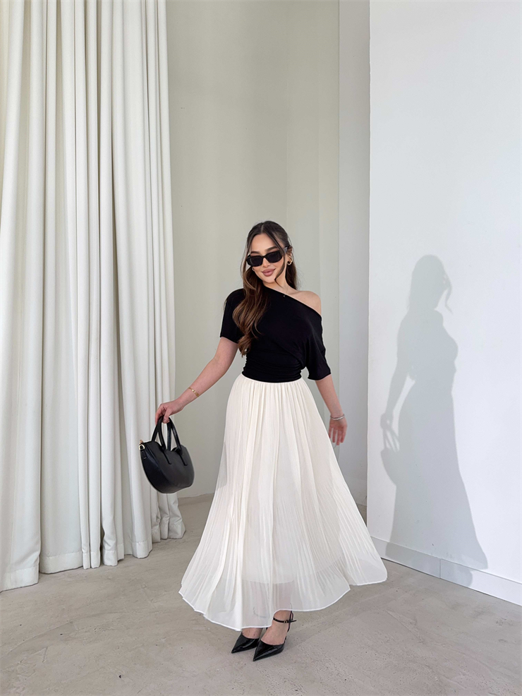 Beli Lastikli Şifon Pileli Larn Ekru Kadın Etek 26Y087