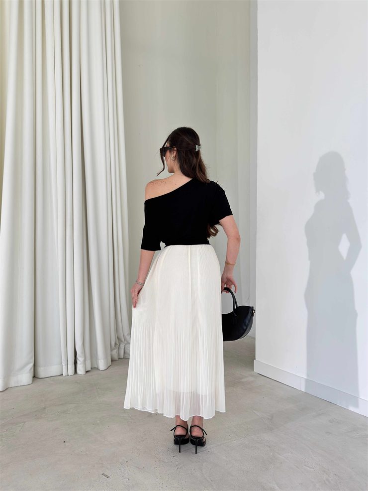 Beli Lastikli Şifon Pileli Larn Ekru Kadın Etek 26Y087