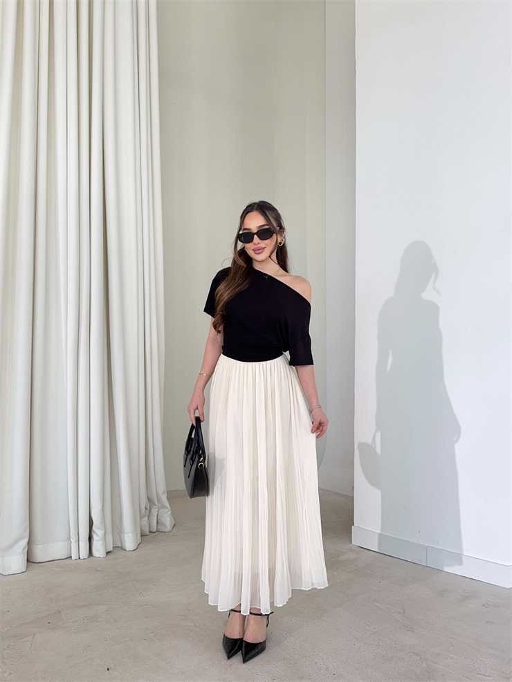 Beli Lastikli Şifon Pileli Larn Ekru Kadın Etek 26Y087