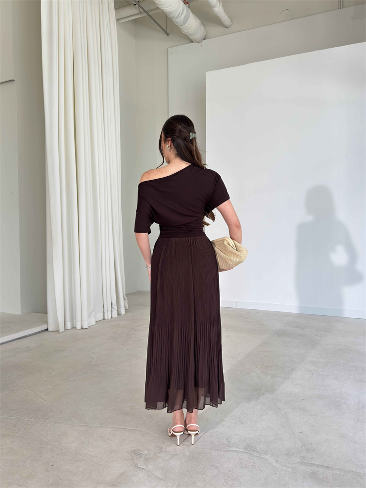 Beli Lastikli Şifon Pileli Larn Kahve Kadın Etek 26Y087