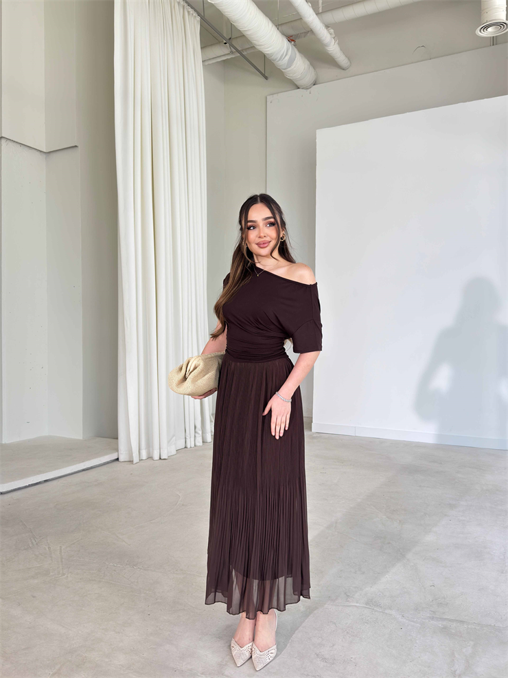 Beli Lastikli Şifon Pileli Larn Kahve Kadın Etek 26Y087