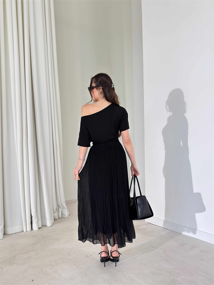 Beli Lastikli Şifon Pileli Larn Siyah Kadın Etek 26Y087