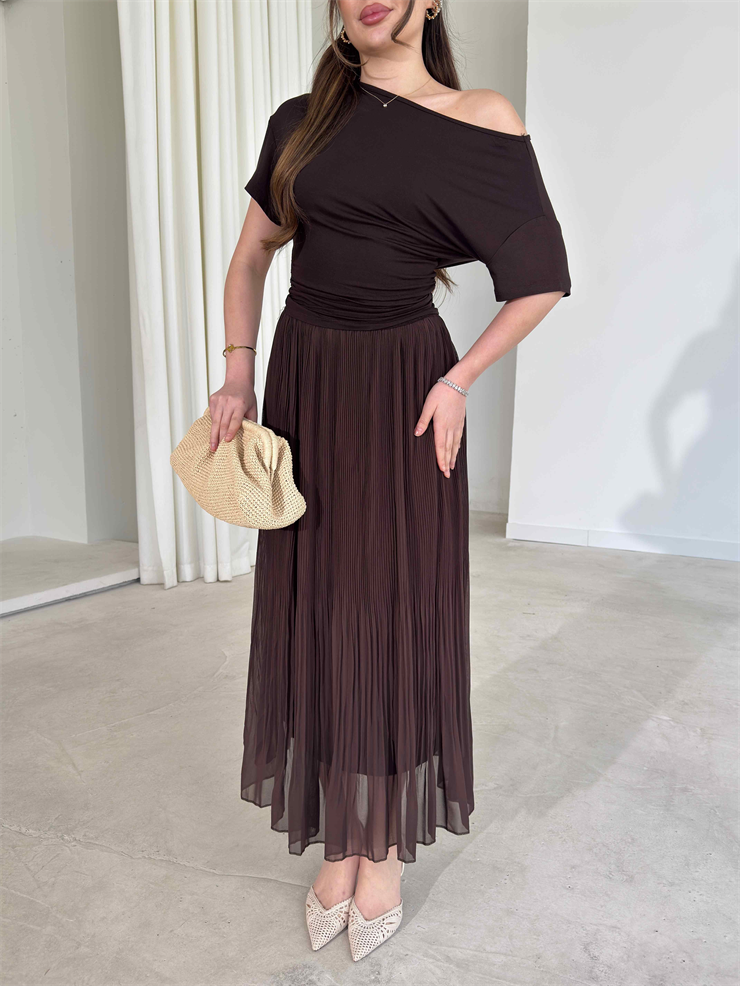 Beli Lastikli Şifon Pileli Larn Kahve Kadın Etek 26Y087