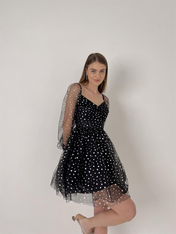 Göğüs Kısmı Drape Detaylı Kolları Tül Yıldız Detaylı Larry Kadın Siyah Mini Tül Elbise 23Y000116