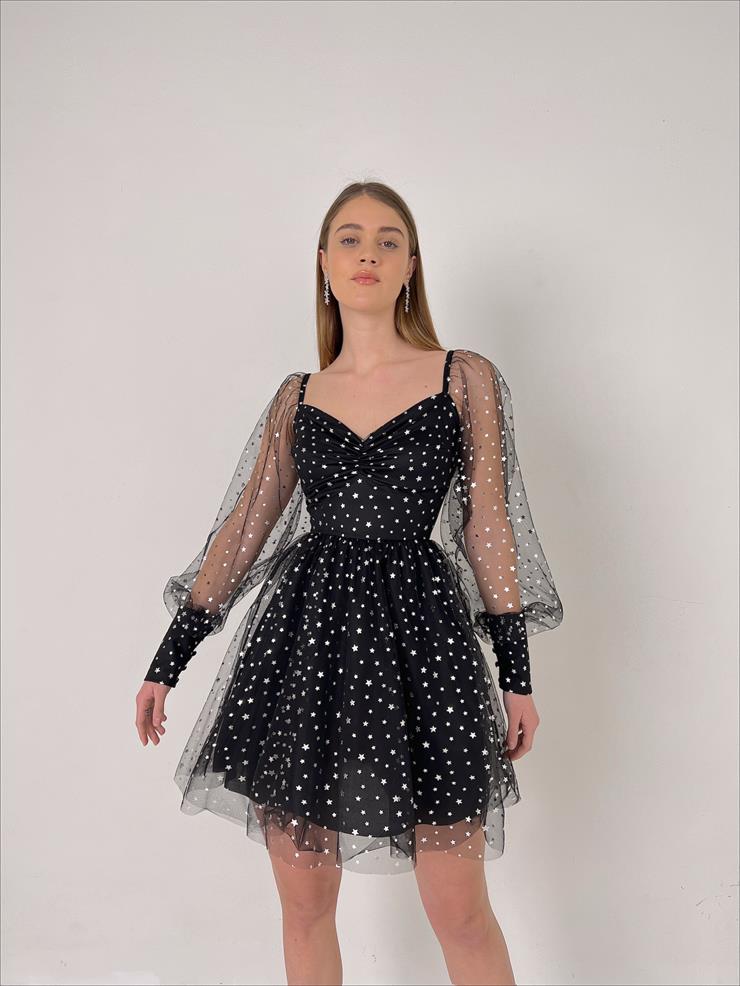 Göğüs Kısmı Drape Detaylı Kolları Tül Yıldız Detaylı Larry Kadın Siyah Mini Tül Elbise 23Y000116