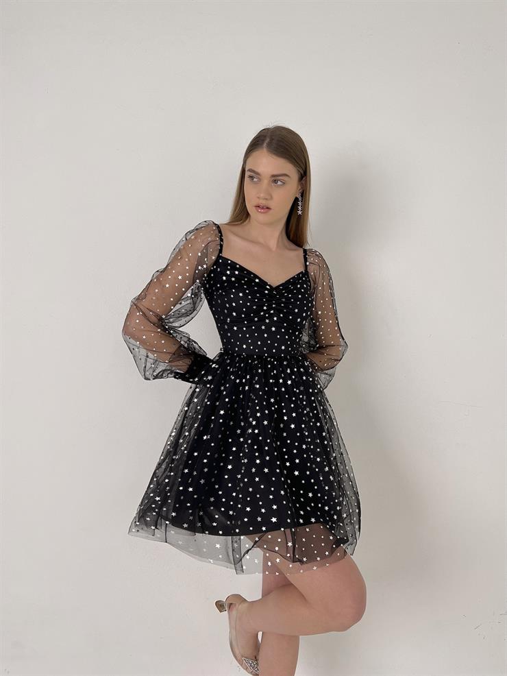 Göğüs Kısmı Drape Detaylı Kolları Tül Yıldız Detaylı Larry Kadın Siyah Mini Tül Elbise 23Y000116