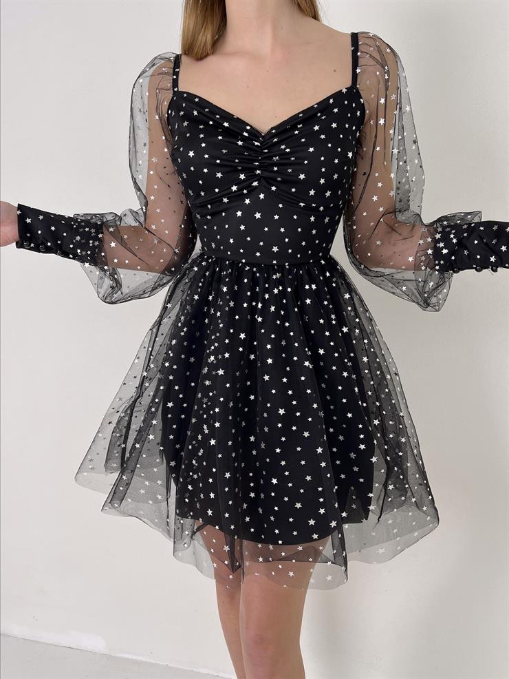 Göğüs Kısmı Drape Detaylı Kolları Tül Yıldız Detaylı Larry Kadın Siyah Mini Tül Elbise 23Y000116