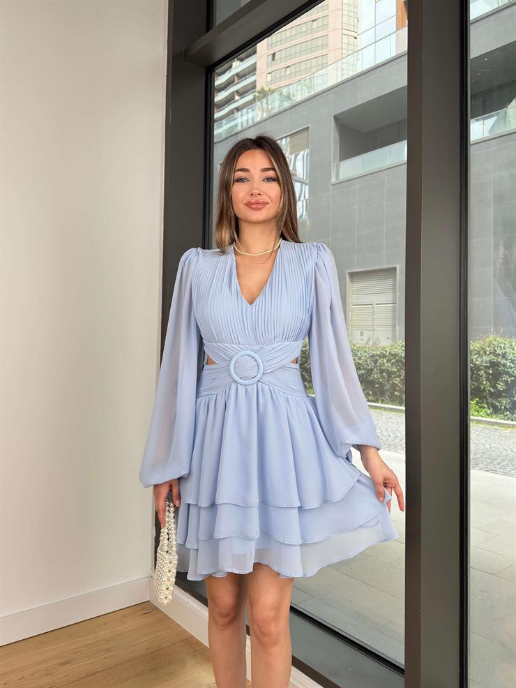 V Yaka Uzun Tül Kol Beli Pencere Detaylı Eteği Katlı Lars Mavi Kadın Mini Elbise 25Y232