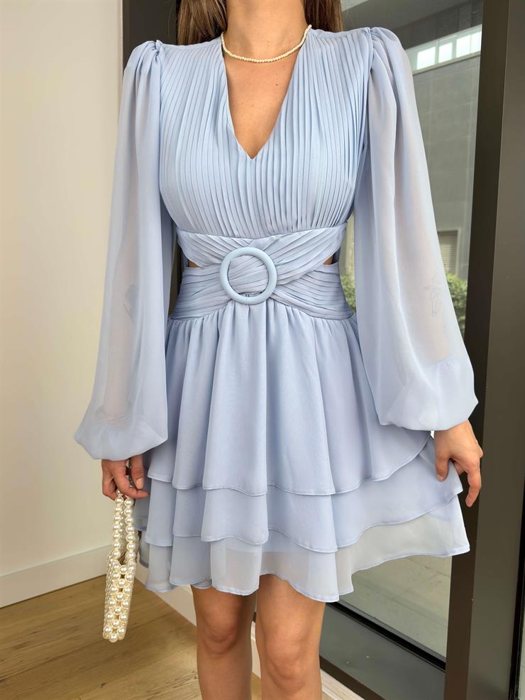 V Yaka Uzun Tül Kol Beli Pencere Detaylı Eteği Katlı Lars Mavi Kadın Mini Elbise 25Y232