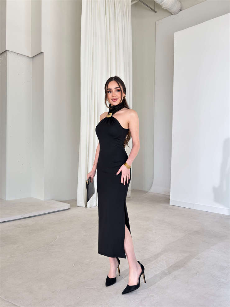 Aksesuarlı Boğazlı Yırtmaçlı Larve Siyah Kadın Elbise 26Y095