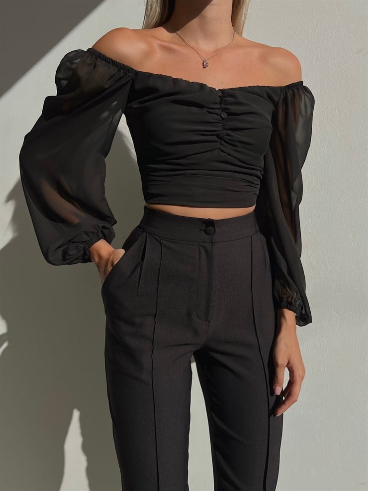 Lastikli Kol Göğüsü Drape Düğme Detay Tyra Kadın Siyah Bluz 22K000570