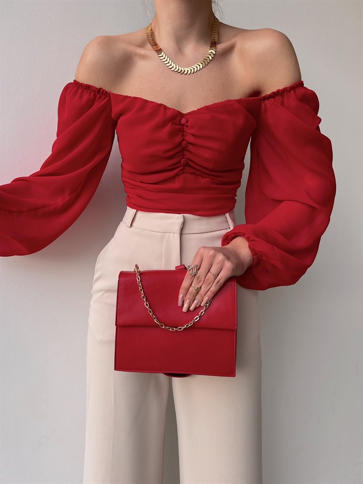 Lastikli Kol Göğüsü Drape Düğme Detay Tyra Kadın Kırmızı Bluz 22K000570