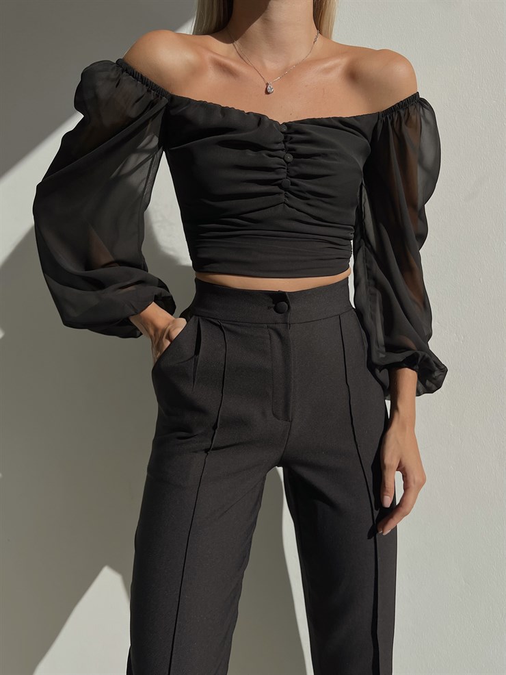 Lastikli Kol Göğüsü Drape Düğme Detay Tyra Kadın Siyah Bluz 22K000570