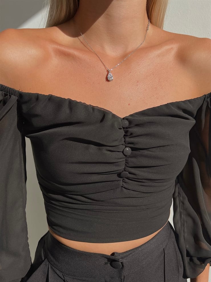 Lastikli Kol Göğüsü Drape Düğme Detay Tyra Kadın Siyah Bluz 22K000570
