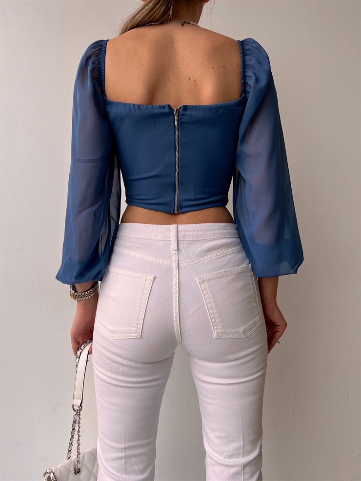 Lastikli Kol Göğüsü Drape Düğme Detay Tyra Kadın İndigo Bluz 22K000570