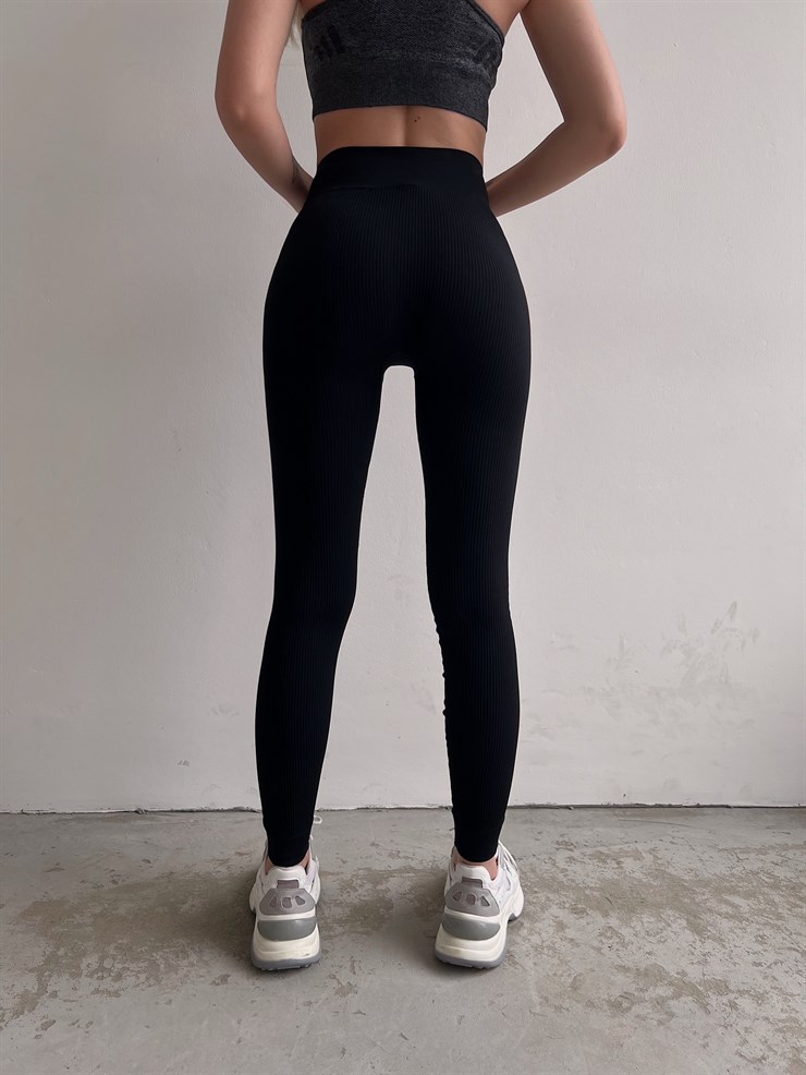 Lastikli Yüksek Bel Fitilli Nora Kadın Siyah Toparlayıcı Tayt 22K000583