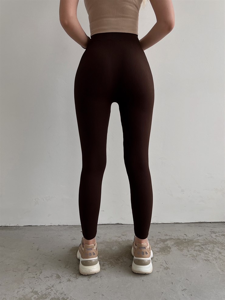 Lastikli Yüksek Bel Fitilli Nora Kadın Kahverengi Toparlayıcı Tayt 22K000583