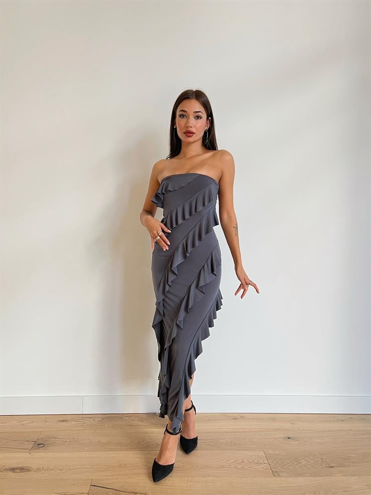 Straplez Fırfır Detaylı Laure Kadın Gri Elbise 24k000041