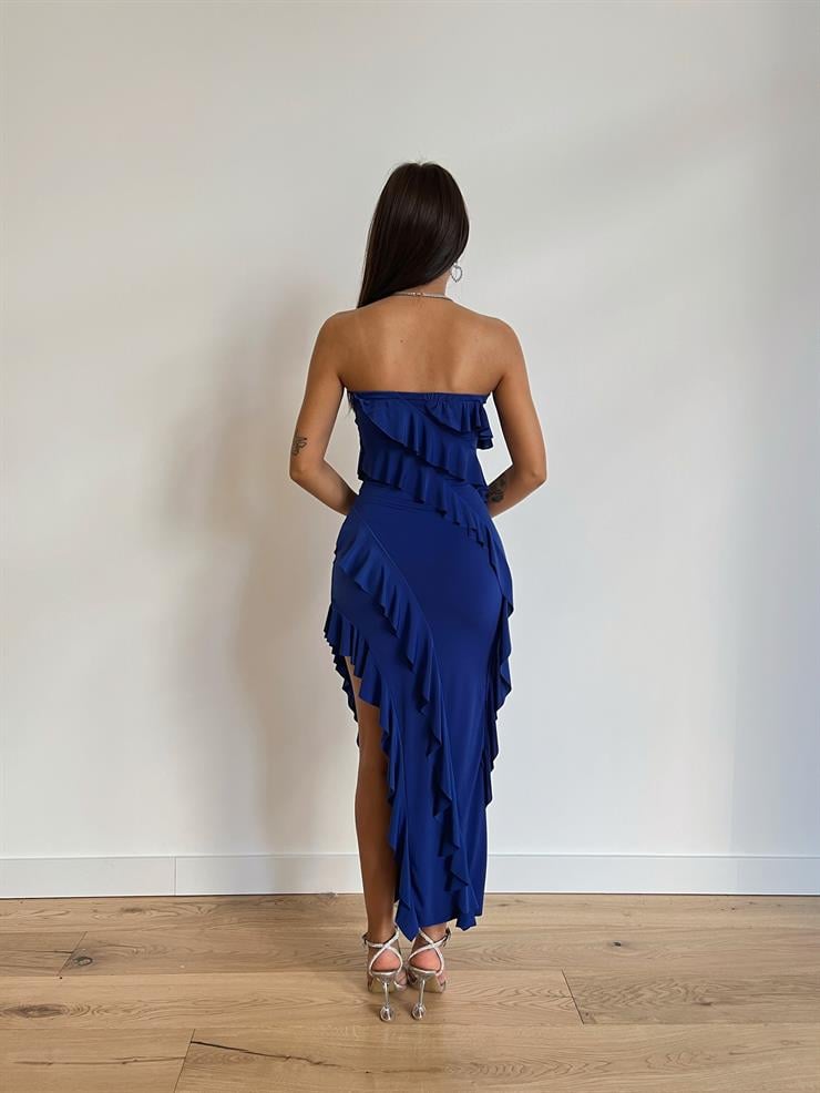 Straplez Fırfır Detaylı Laure Kadın Saks Elbise 24k000041