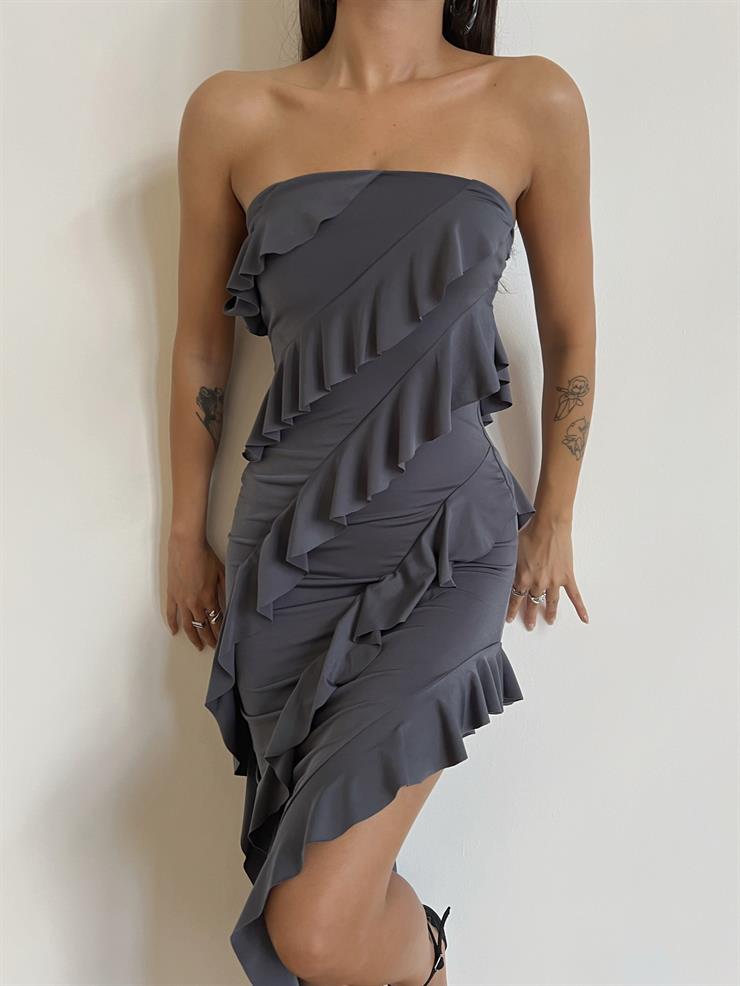 Straplez Fırfır Detaylı Laure Kadın Gri Elbise 24k000041