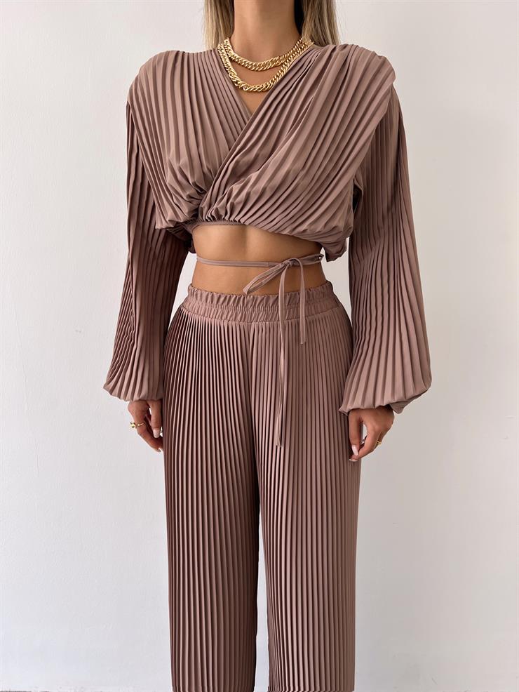 Yüksel Bel Lastikli Lauro Kadın Vizon Pileli Pantolon 23Y000476