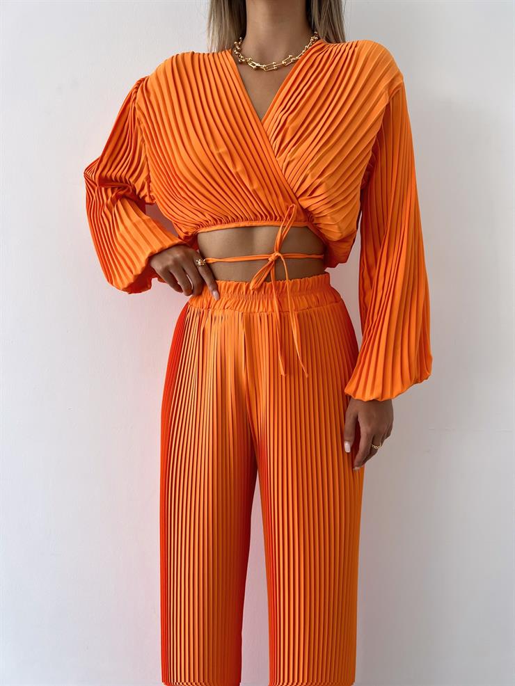 Yüksel Bel Lastikli Lauro Kadın Turuncu Pileli Pantolon 23Y000476