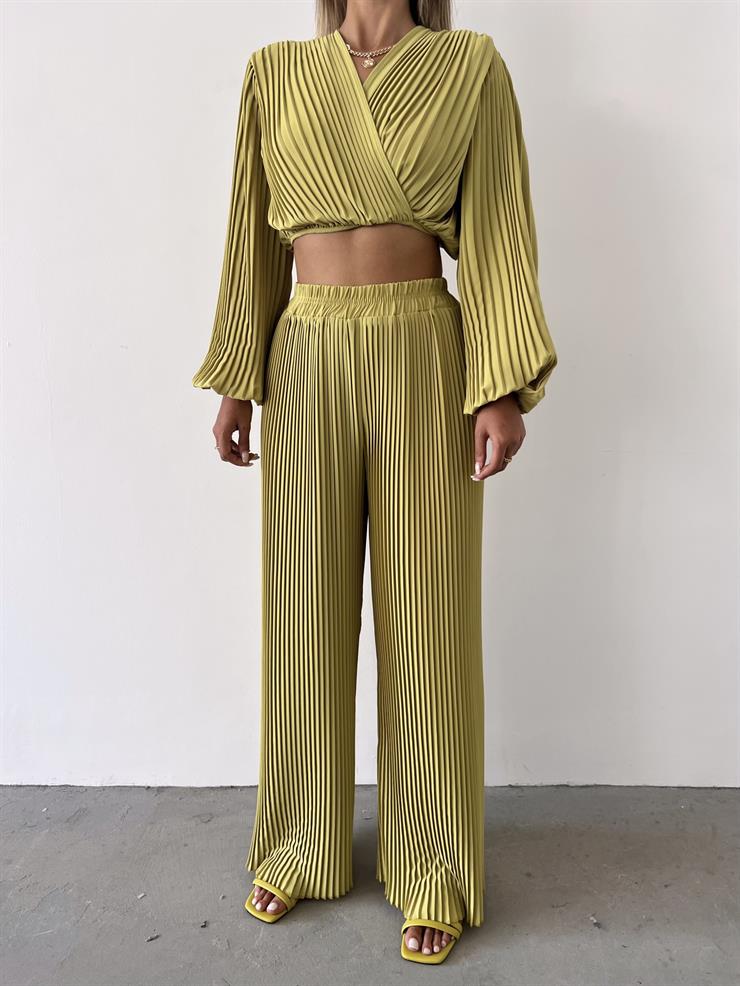 Yüksel Bel Lastikli Lauro Kadın Yağ Yeşili Pileli Pantolon 23Y000476