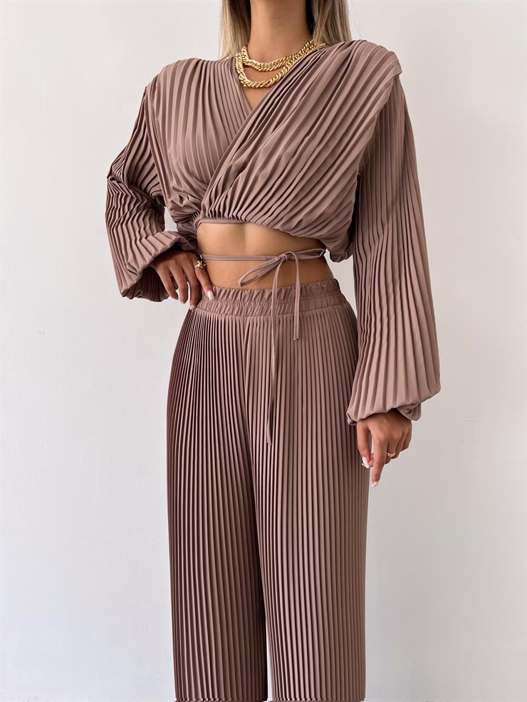 Yüksel Bel Lastikli Lauro Kadın Vizon Pileli Pantolon 23Y000476