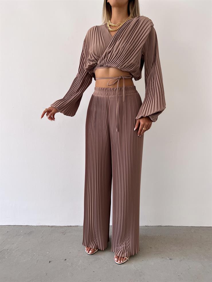 Yüksel Bel Lastikli Lauro Kadın Vizon Pileli Pantolon 23Y000476