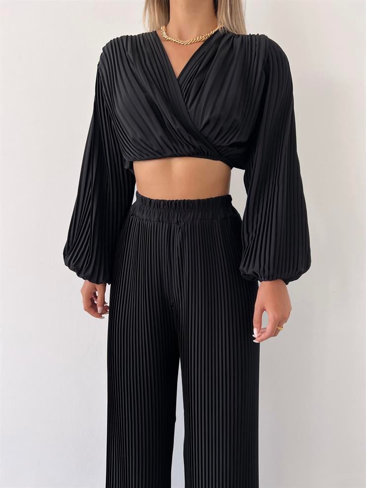 Yüksel Bel Lastikli Lauro Kadın Siyah Pileli Pantolon 23Y000476