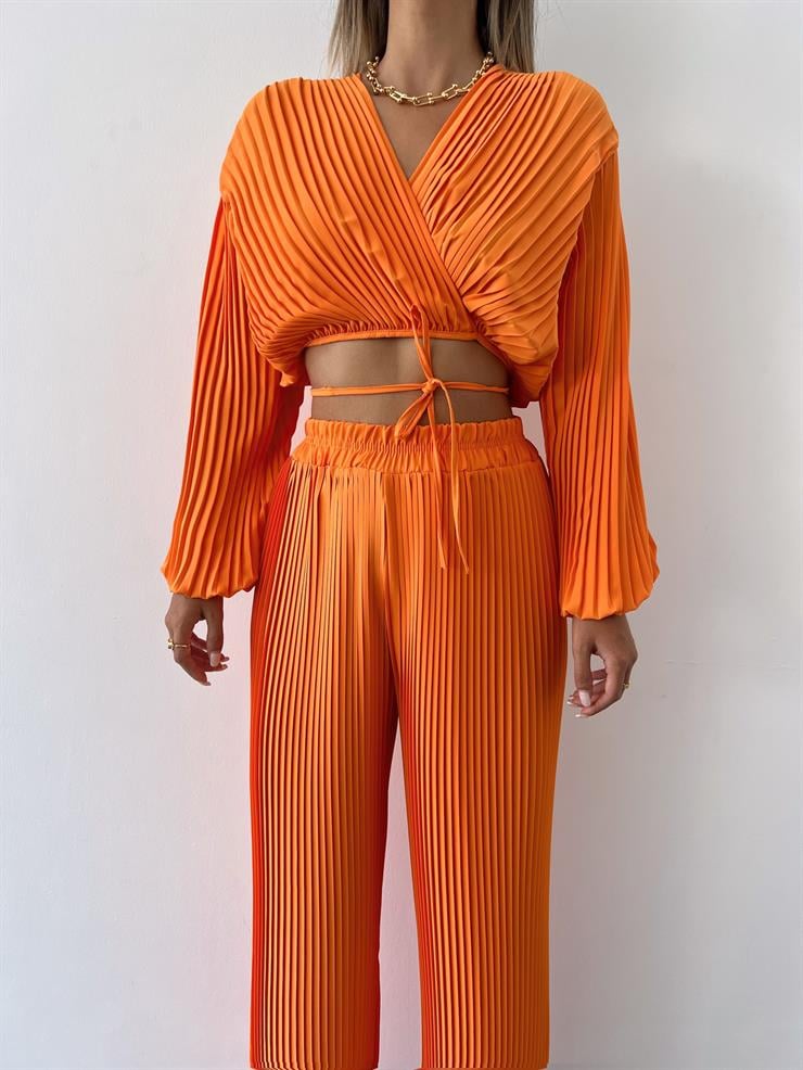 Yüksel Bel Lastikli Lauro Kadın Turuncu Pileli Pantolon 23Y000476