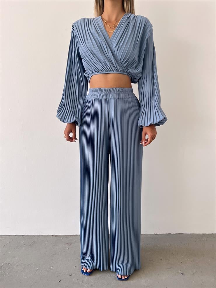 Yüksel Bel Lastikli Lauro Kadın Açık Mavi Pileli Pantolon 23Y000476