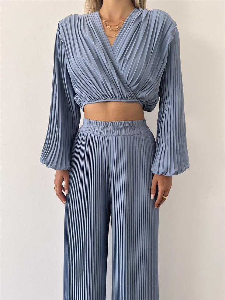 Yüksel Bel Lastikli Lauro Kadın Açık Mavi Pileli Pantolon 23Y000476