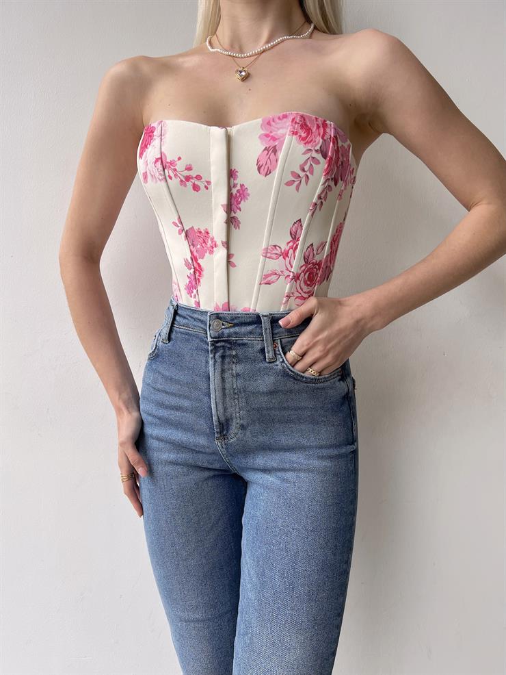 Straplez Lavinia Kadın Pembe Çiçekli Korse Crop 23Y000255