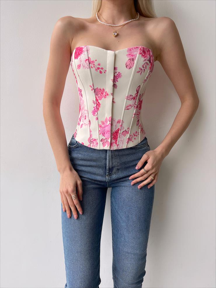 Straplez Lavinia Kadın Pembe Çiçekli Korse Crop 23Y000255