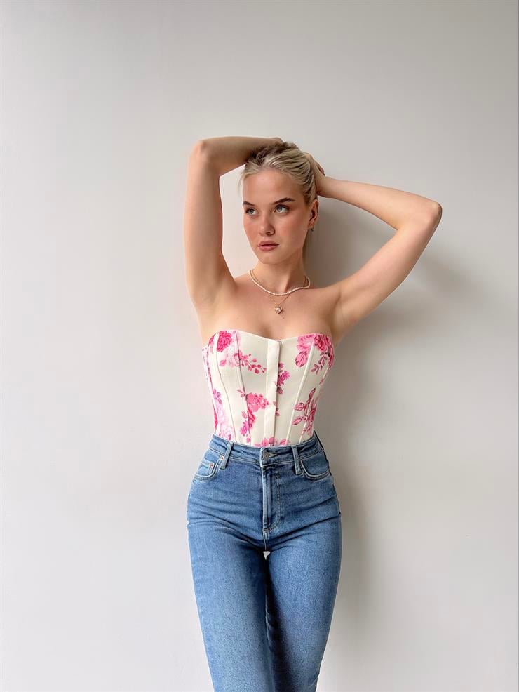 Straplez Lavinia Kadın Pembe Çiçekli Korse Crop 23Y000255