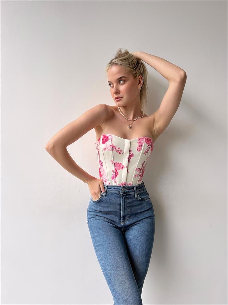 Straplez Lavinia Kadın Pembe Çiçekli Korse Crop 23Y000255