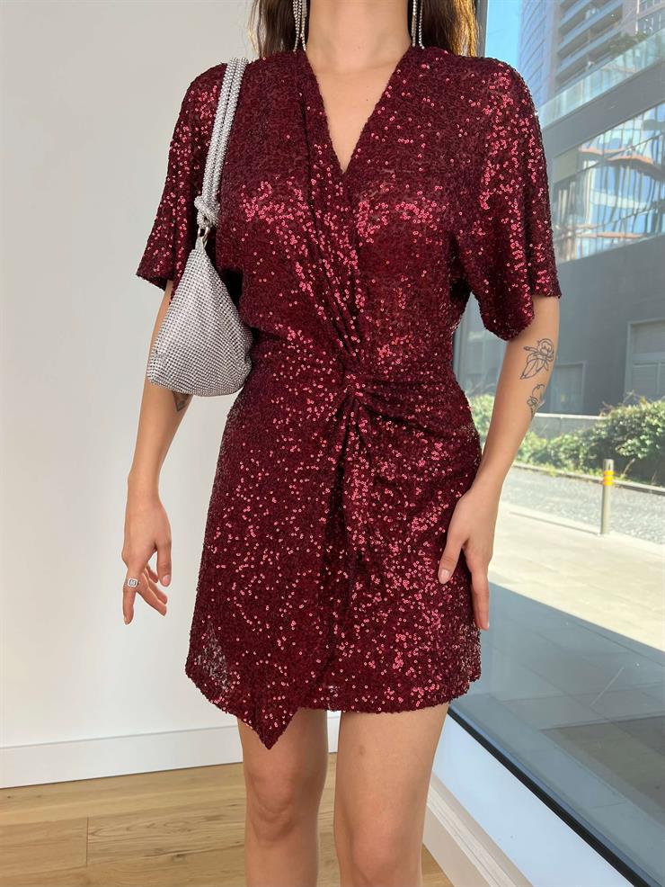 Kruvaze Yaka Kısa Kol Sırt Dekolteli Leana Bordo Kadın Payetli Mini Elbise 25K362