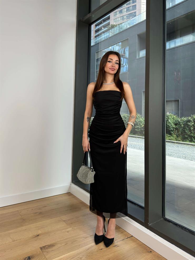 Straplez Drape Detaylı Leart Kadın Siyah Tül Elbise 24Y101