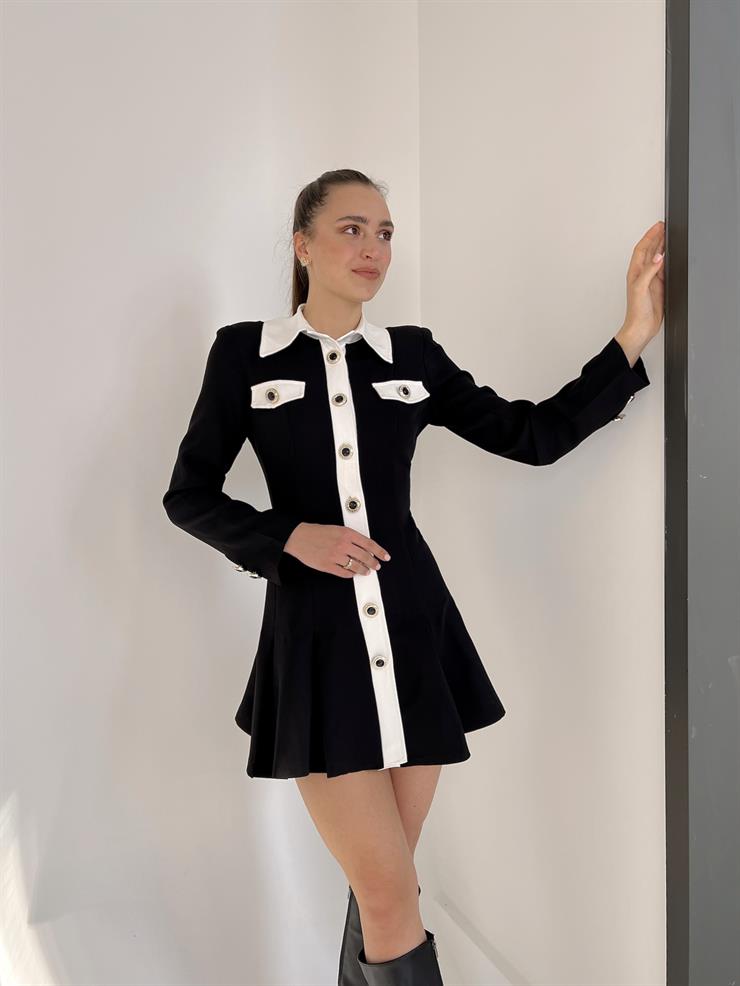 Gömlek Yaka Önü Düğme Kapamalı Eteği Volanlı Leatrice Kadın Siyah Mini Elbise 23Y000069